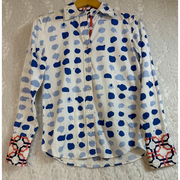 Tizzie Contrast Cuff White / Blue / Coral Stretchy Preppy Button-Up Blouse Small - Picture 1 of 9